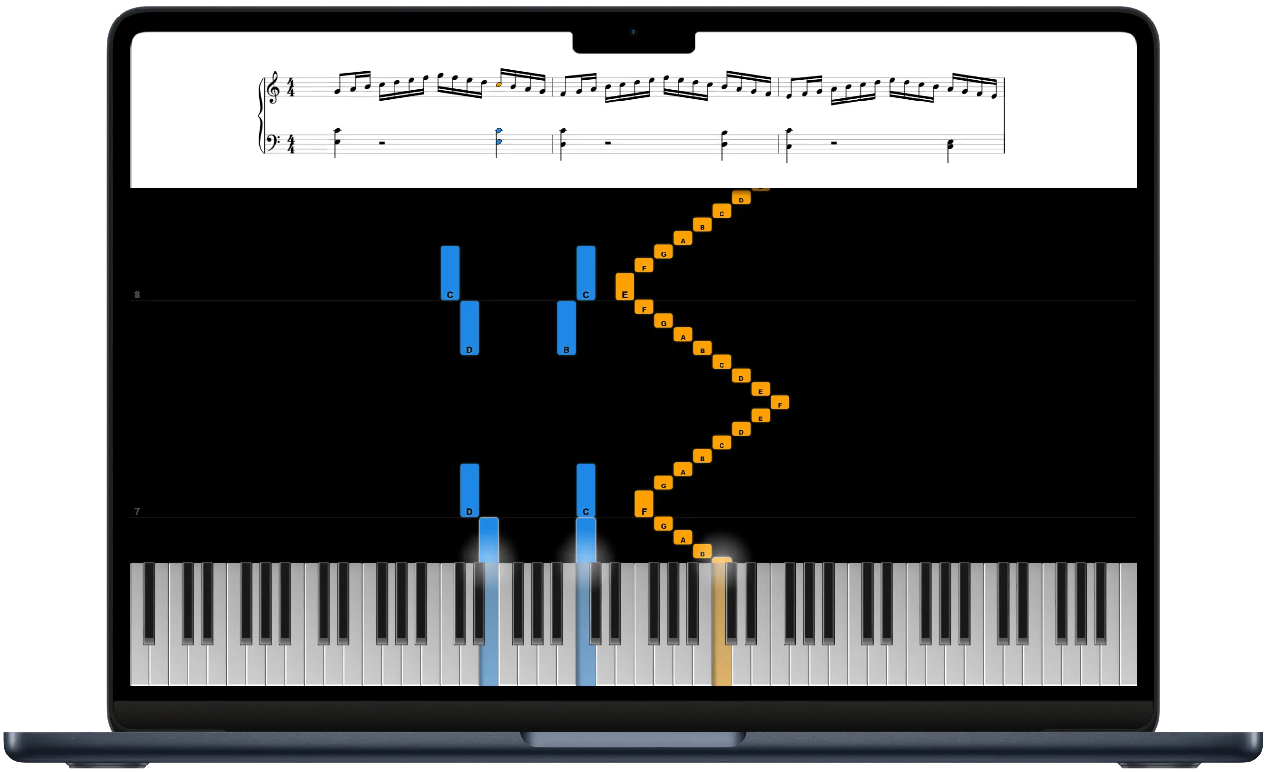 Screenshot of Midiano showing a keyboard, falling notes and generated sheet music.